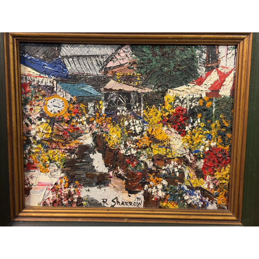 Vintage 1971 Original Impasto Oil Painting, Framed Mid-Century Flower Market